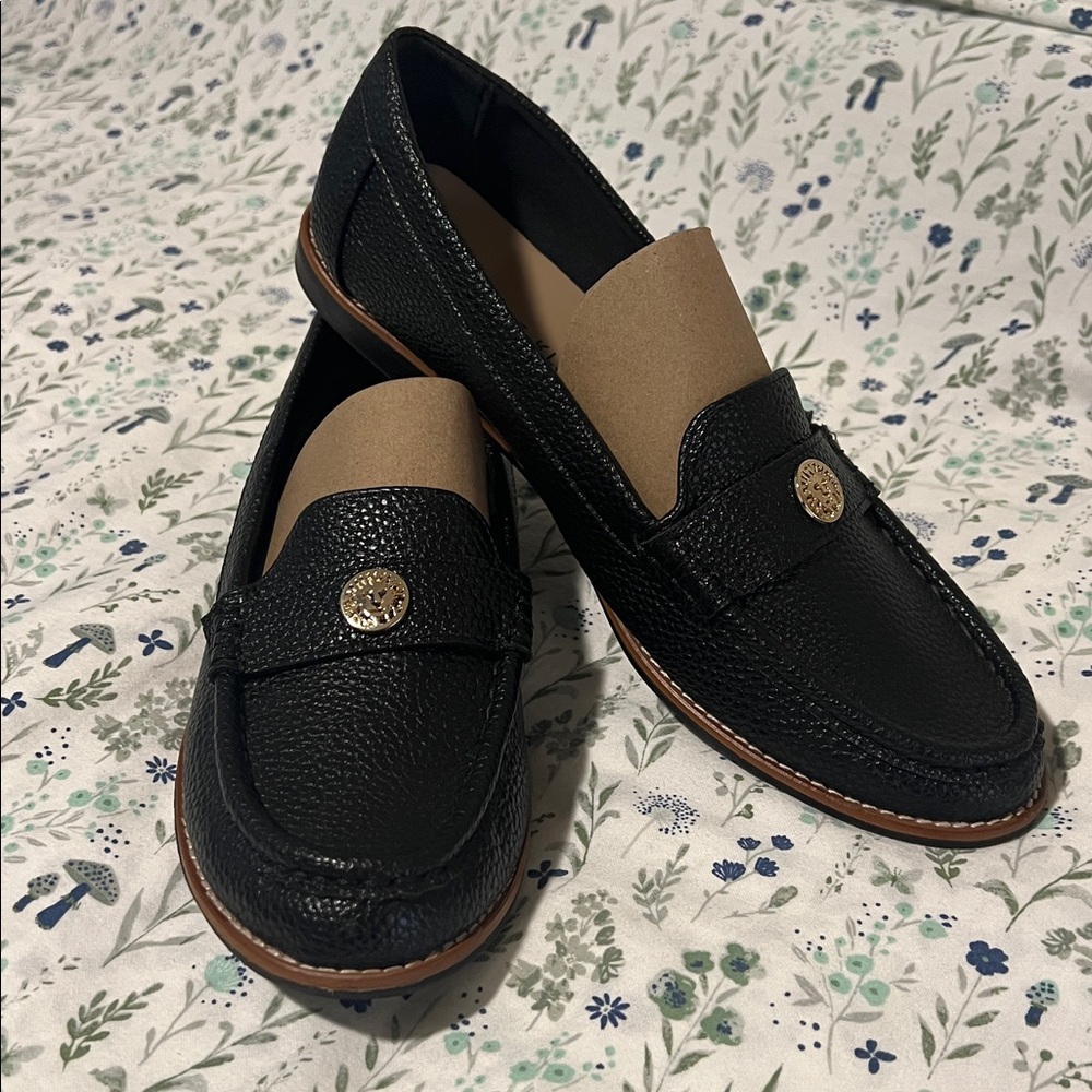 Black Leather Loafers with Gold Accent